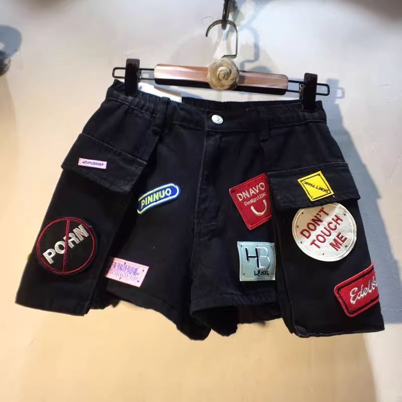 Womens High Waist Cargo Pocket Denim Shorts with Embroidered Patch