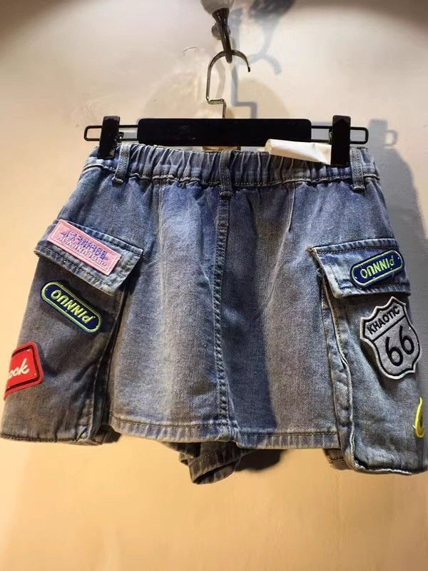 Womens High Waist Cargo Pocket Denim Shorts with Embroidered Patch