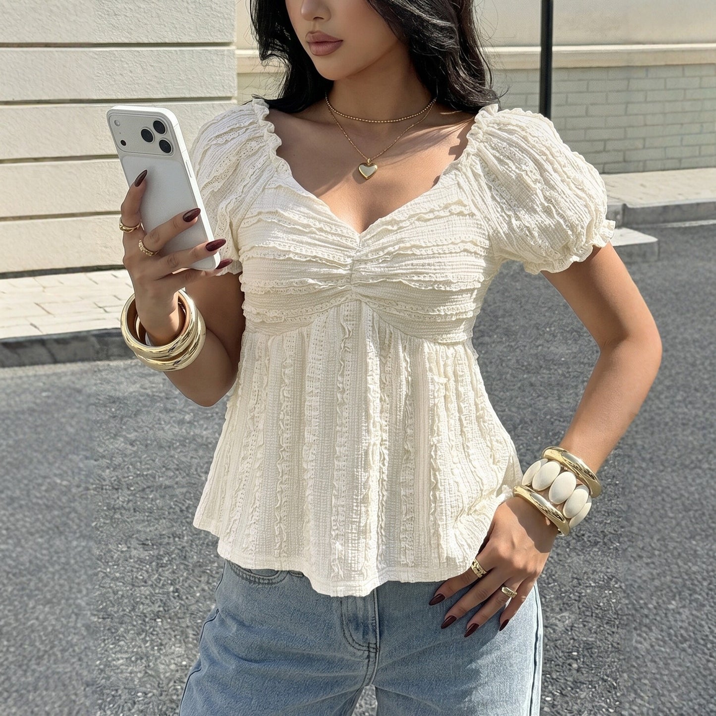 V-Neck Puff Sleeve Blouse