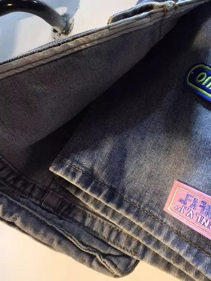 Womens High Waist Cargo Pocket Denim Shorts with Embroidered Patch