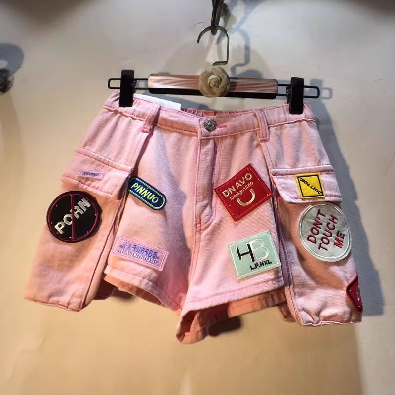 Womens High Waist Cargo Pocket Denim Shorts with Embroidered Patch