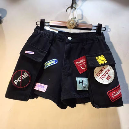 Womens High Waist Cargo Pocket Denim Shorts with Embroidered Patch
