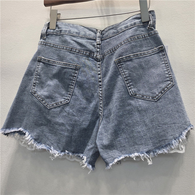 Women's Denim Shorts with Beading and Lace High Waist A-Line Slimming Casual