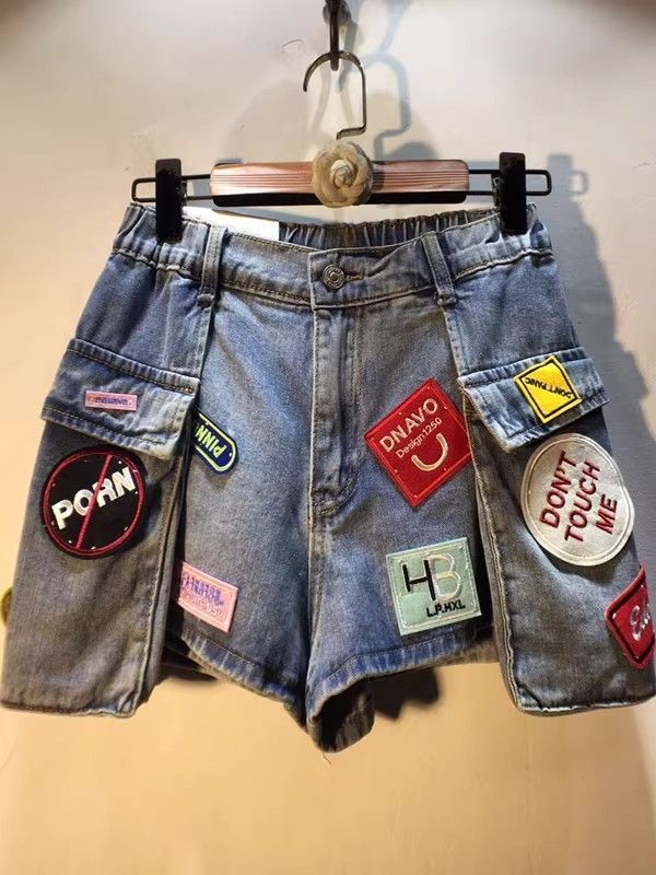 Womens High Waist Cargo Pocket Denim Shorts with Embroidered Patch
