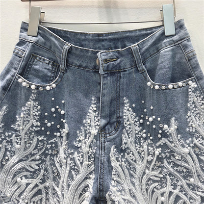 Women's Denim Shorts with Beading and Lace High Waist A-Line Slimming Casual