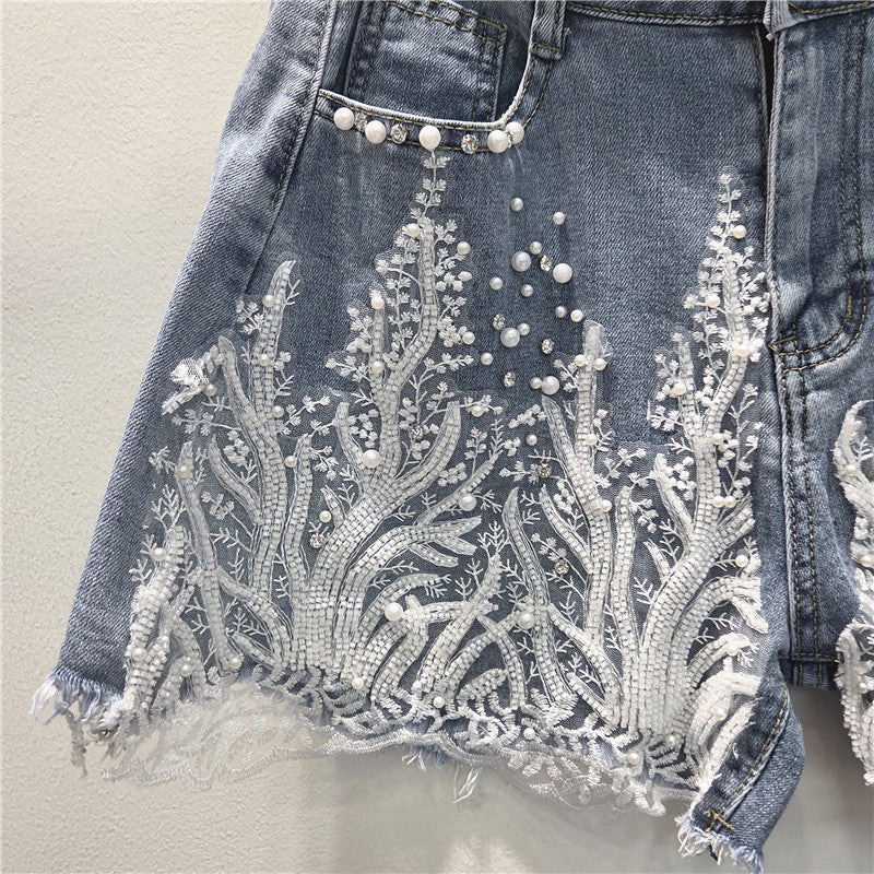 Women's Denim Shorts with Beading and Lace High Waist A-Line Slimming Casual