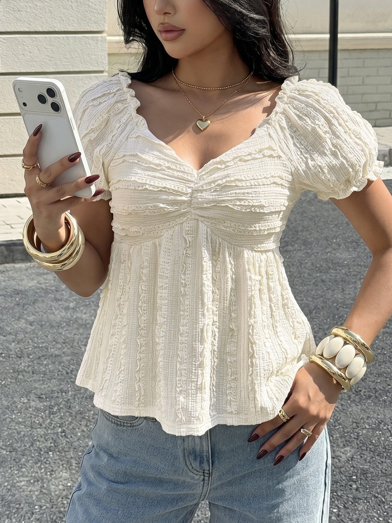 V-Neck Puff Sleeve Blouse