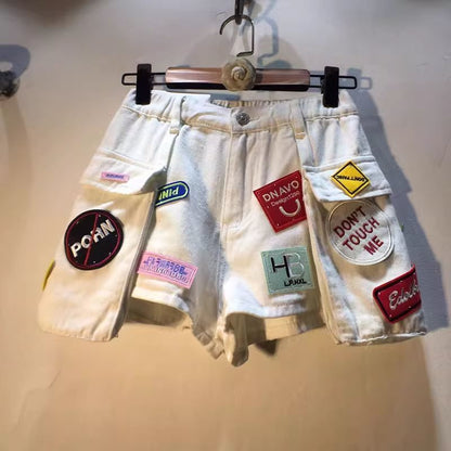 Womens High Waist Cargo Pocket Denim Shorts with Embroidered Patch