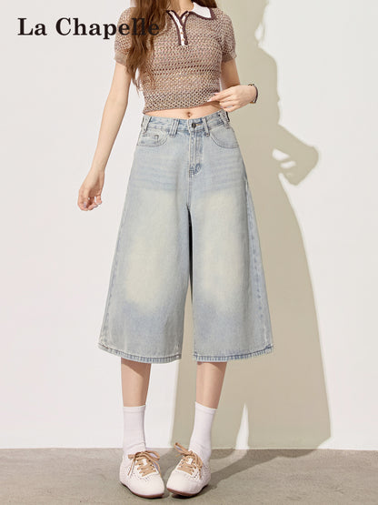 Light Blue High-Waisted Cropped Denim Shorts
