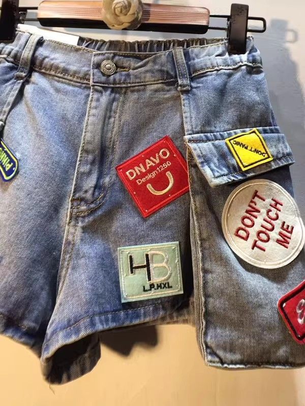 Womens High Waist Cargo Pocket Denim Shorts with Embroidered Patch