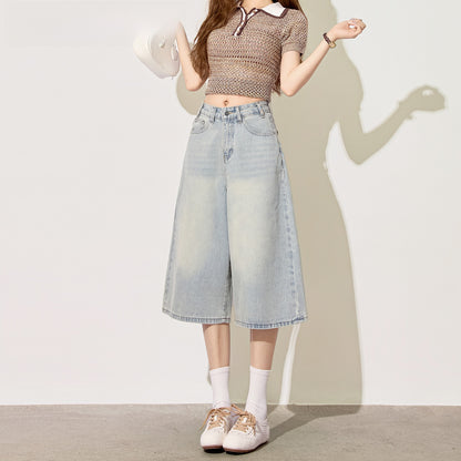 Light Blue High-Waisted Cropped Denim Shorts